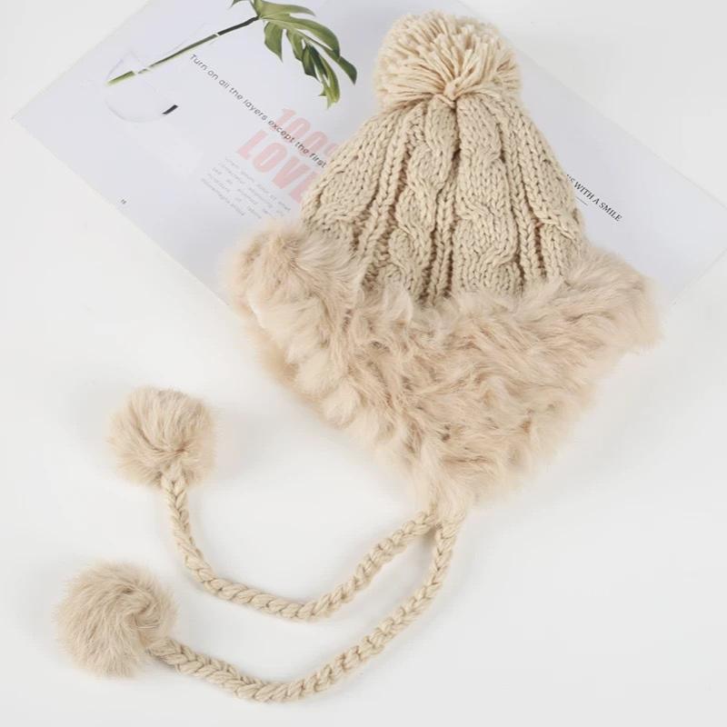 

Thermal Thicken Windproof Knitted Wool Hat Cute Women S Knitted Wool Ball Ear Protection Hat Fluffy Ball Cap Earflaps Plush Hat