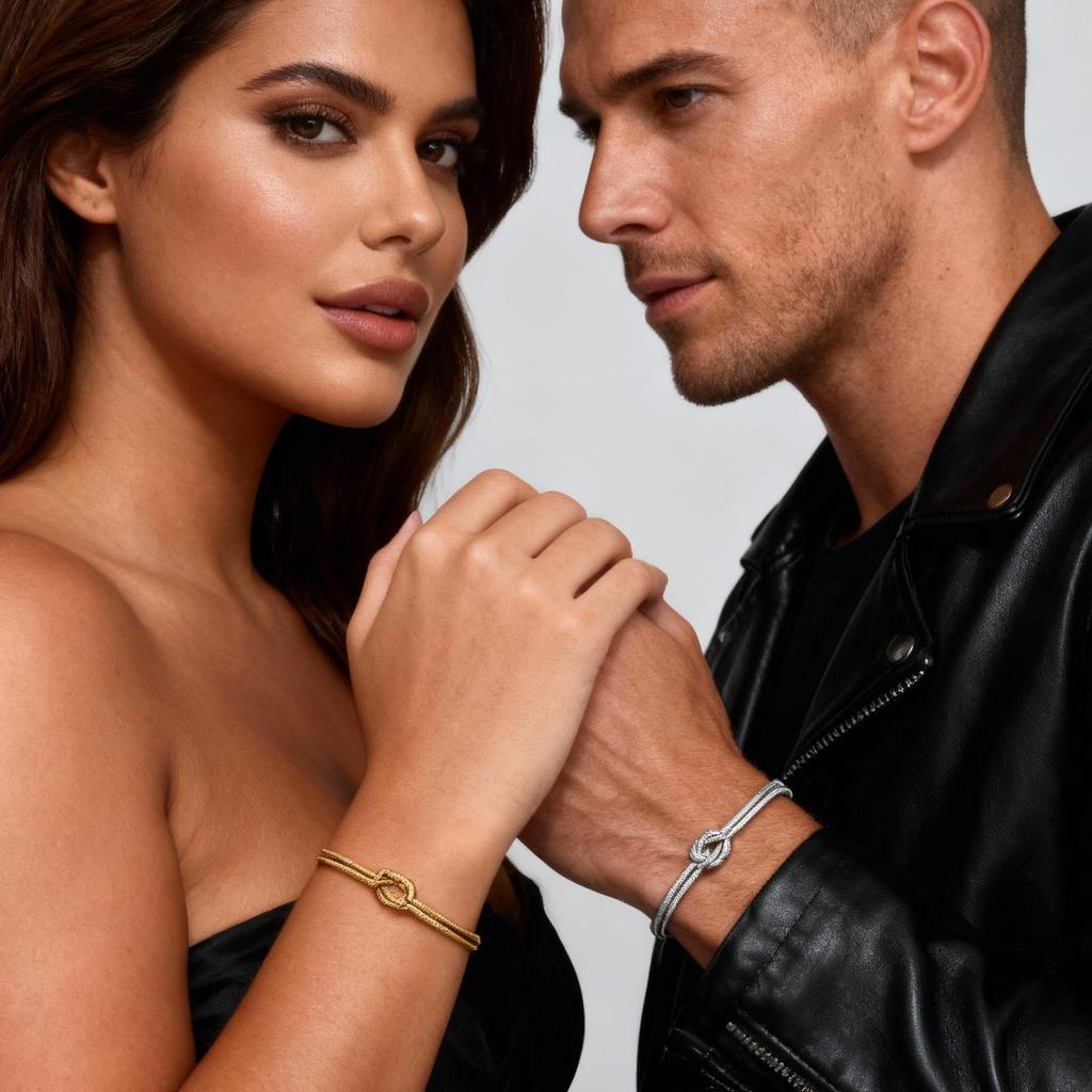 Conjunto de Pulseiras de Casal Nó de Amor da Moda, Pulseiras de Corrente Cobra Redonda de Aço Inoxidável para Mulheres Homens Joias Presente de Dia dos Namorados