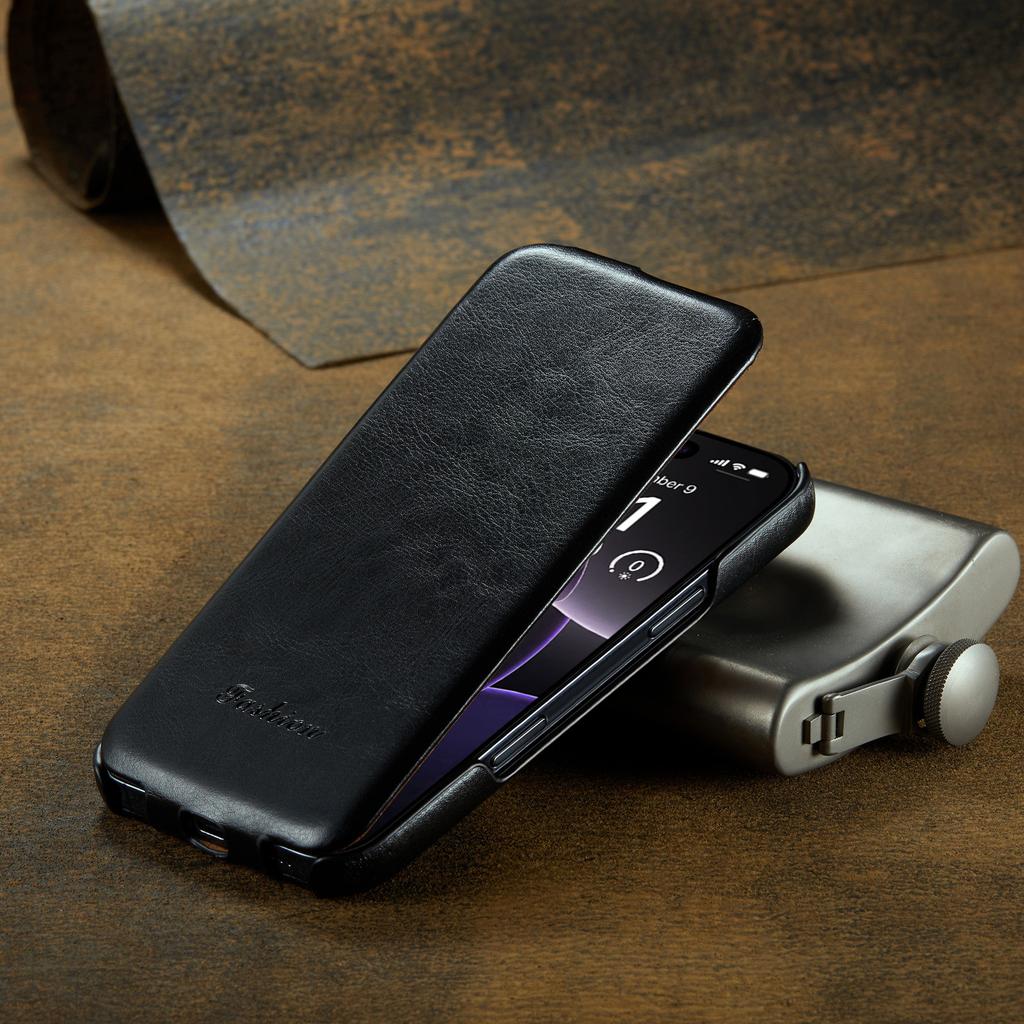 Etui na iPhone 16 Pro Max z klapką pionową, skórzane, z teksturą Crazy Horse, pokrowiec na telefon