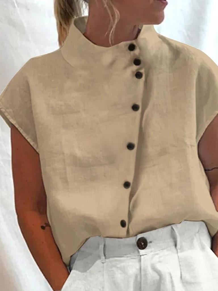 New Trendy Stand Collar Women's Short-Sleeve Button-Up Shirt