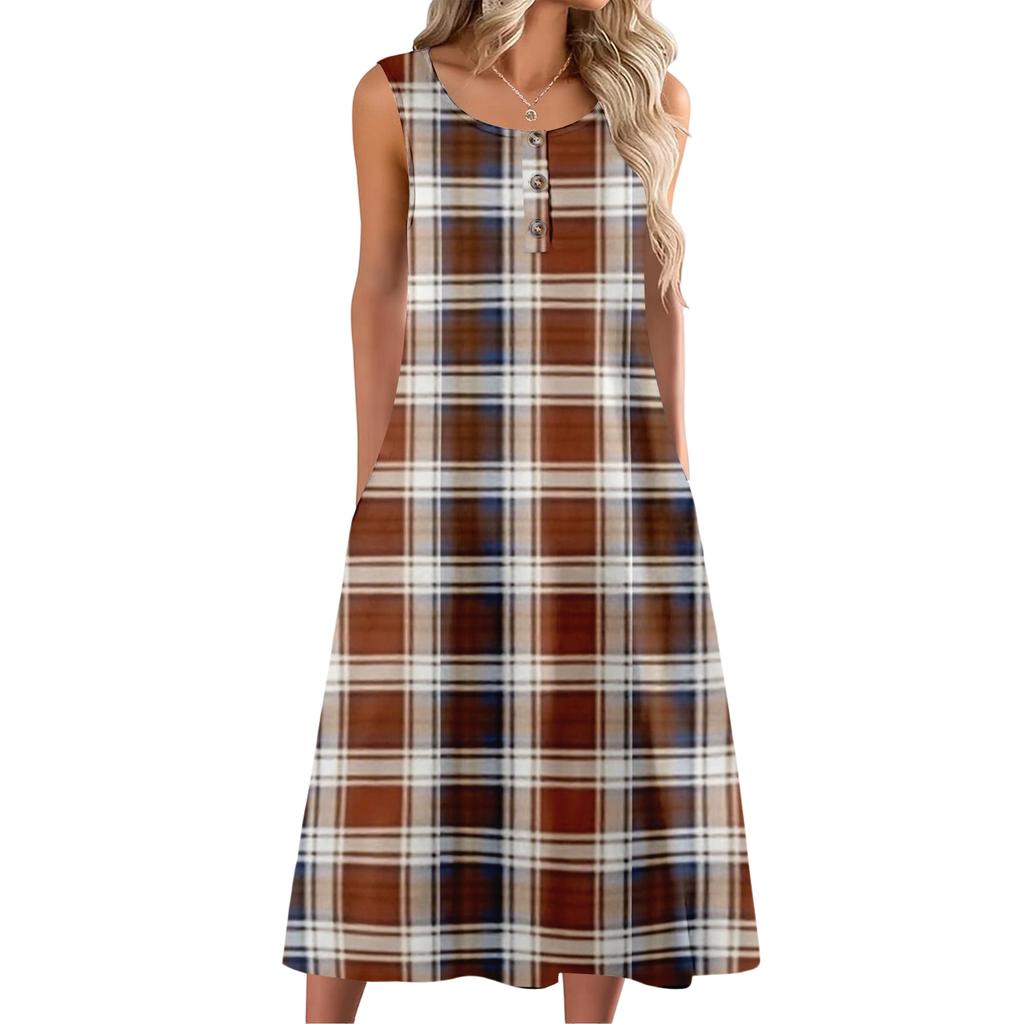 Damenmode lässiges ärmelloses Knopfdress mit Karomuster und Tasche
