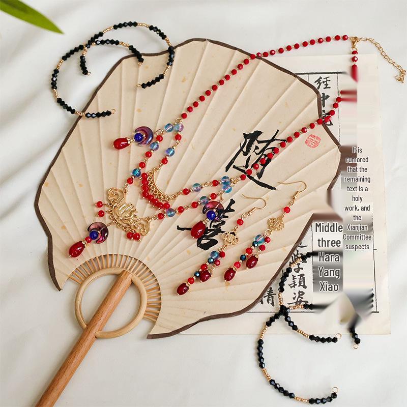 Midnight Return Cat Demon Headdress & Pearl Stick Earring Set: Black & Red Accessories