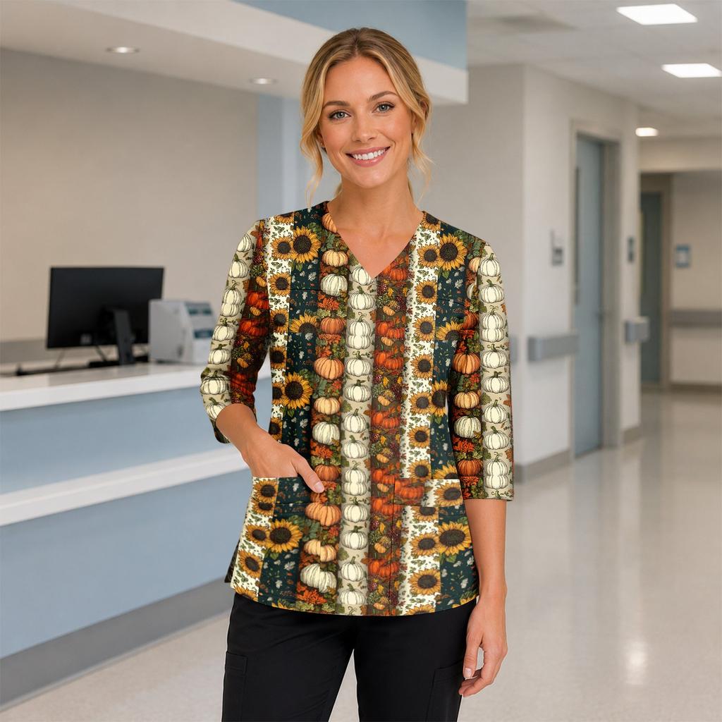 Women's Halloween Print V Neck Medical Scrub Top with Pockets Side Slits and Three Quarter Sleeves Suitable for Healthcare Professionals
