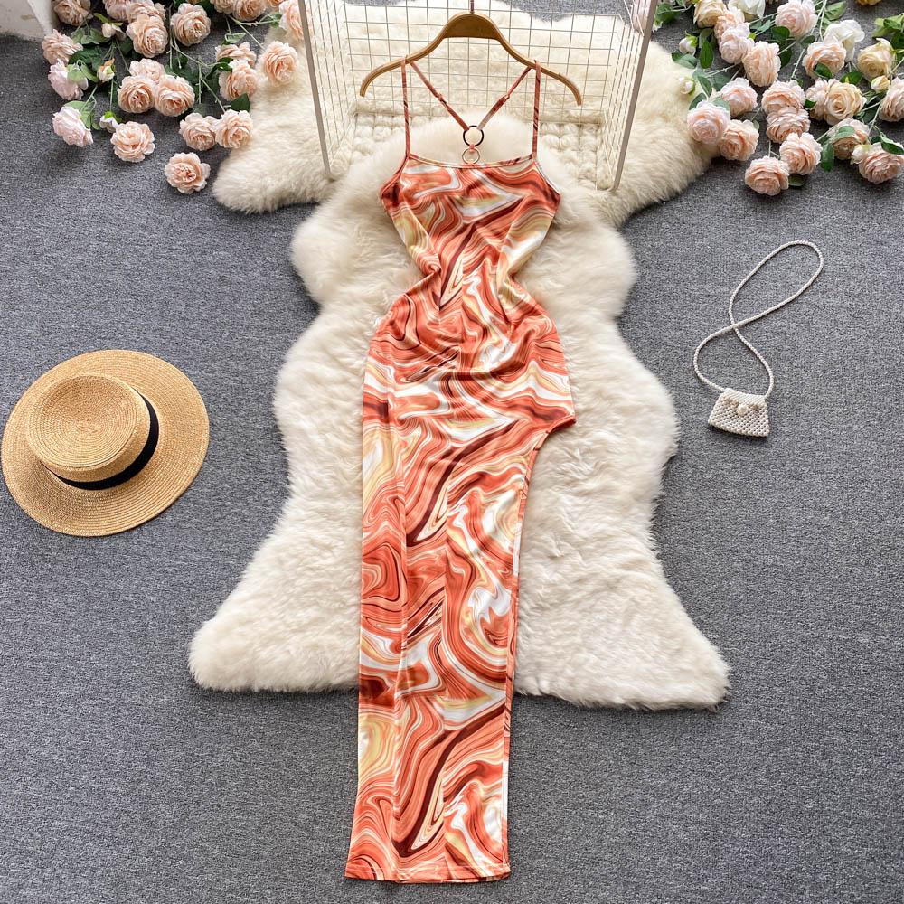 

RUGOD французское ретро платье с принтом на подтяжках, шифоновое платье с нерегулярными разрезами, длинное платье