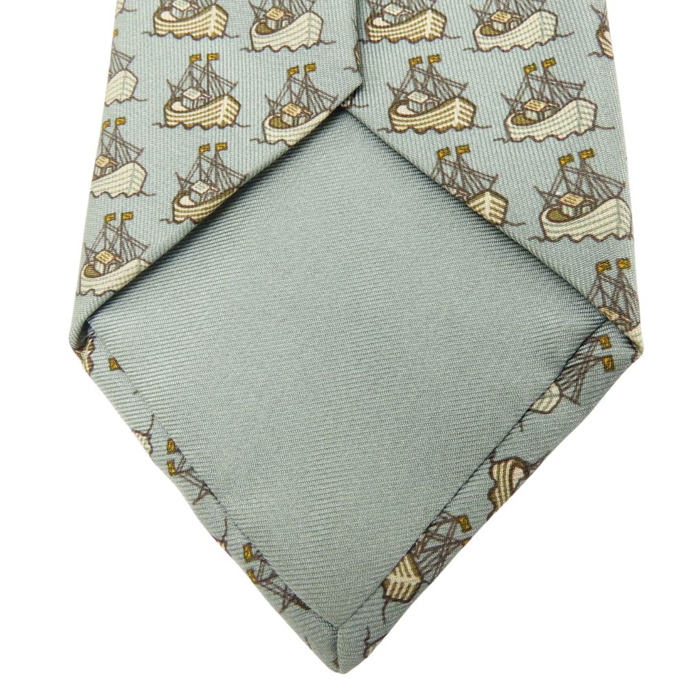 Used HERMES Tie Ship Motif Silk Dark Marks Green Business