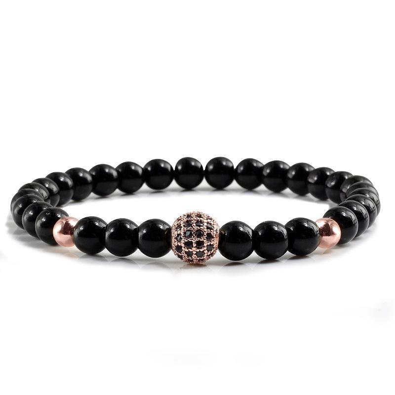 Black Frosted Copper Bead Bracelet with Micro-Inlaid Black Diamond and White Porcelain, Elastic Rope Jewelry for Men and Women.