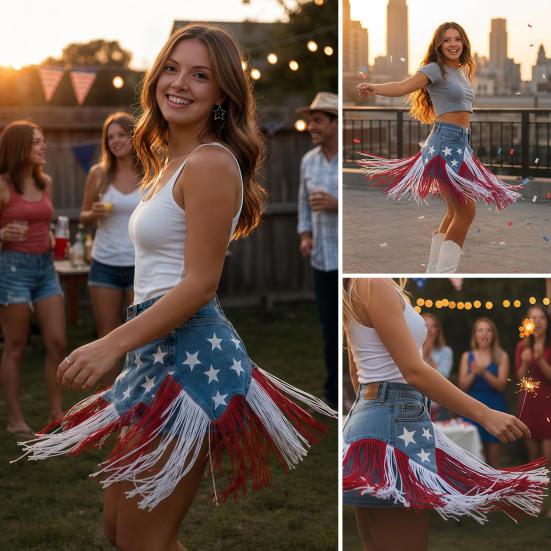 Cintura Patriottica in Denim con Frange 250°, Cintura con Frange Stars And Stripes, Cintura Stile Western per Feste Celebrazioni per Donna