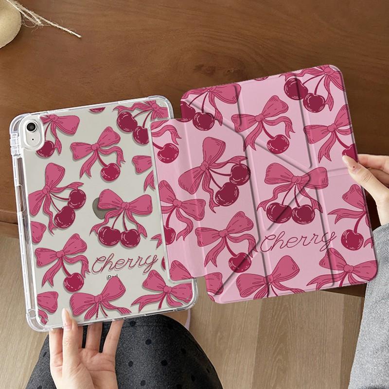 Pink Cherry Butterfly Knot IPad Case With Pen Slot 9th Gen Flip Cover Stand Anti-Shock Acrylic Shell