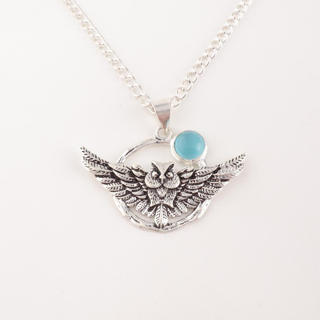 Blue Cat's Eye Gemstone 925 Sterling Silver Jewelry Handmade Owl Pendant 1.48" CP-17-40