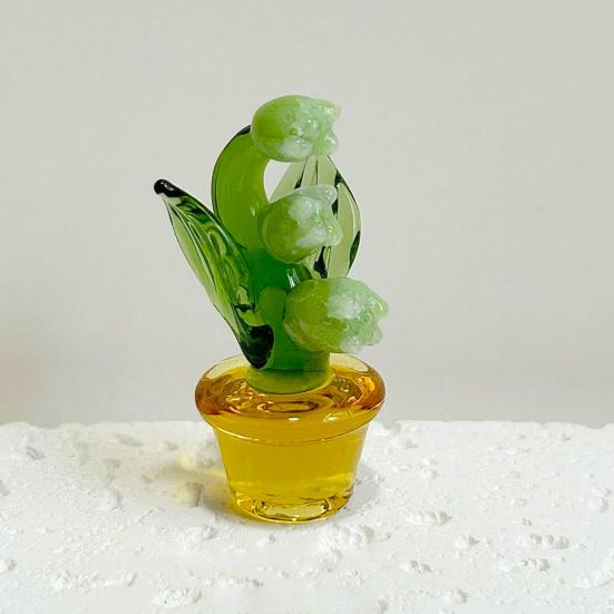 Mini Glass Lily of The Valley Flower with Pot Hand Blown Faux Crystal Flower Figurine for Mother's Day Birthday Table Centerpiece