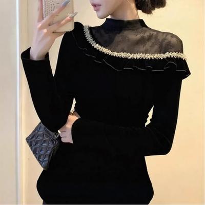 Haut d'automne Hiver pour Femme Patchwork Maille Noire Base Velours Manches Longues Élégant Luxe Coupe Ajustée Sous-Vêtement Chemisier