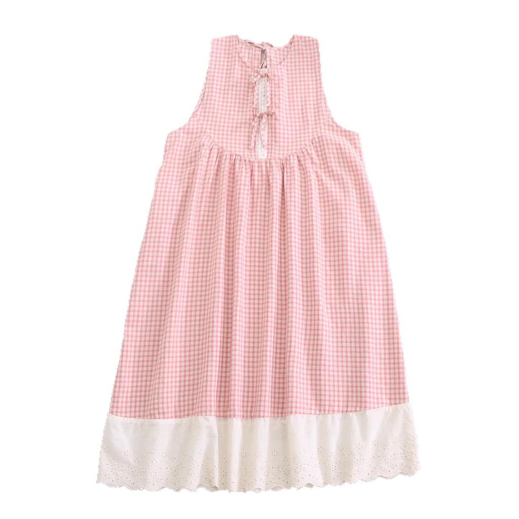 Sweet Mori Girl Plaid Embroidered Lace Sleeveless Vest Dress with Front and Back Ties