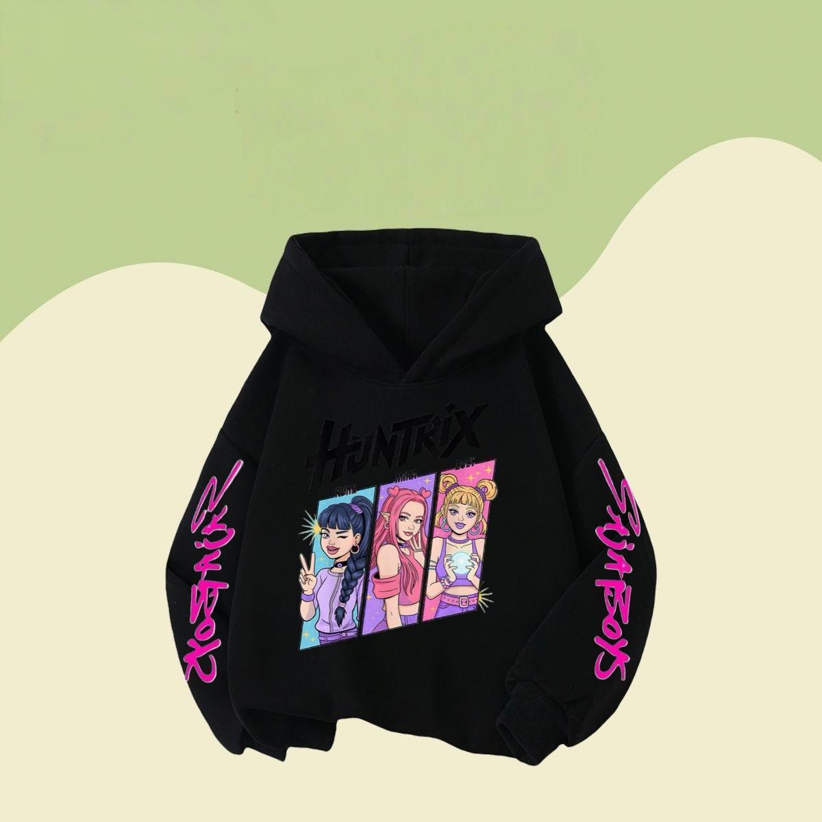 

Kpop Huntrix children s hoodies, elegant clothing with character patterns, casual tops with hoodies, children s popular clothing 100