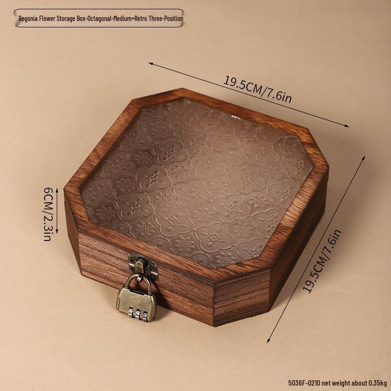 Retro Begonia Glass Lid Wooden Storage Box for Cosmetics, Snacks, Candy, and Documents - Dustproof and Multifunctional