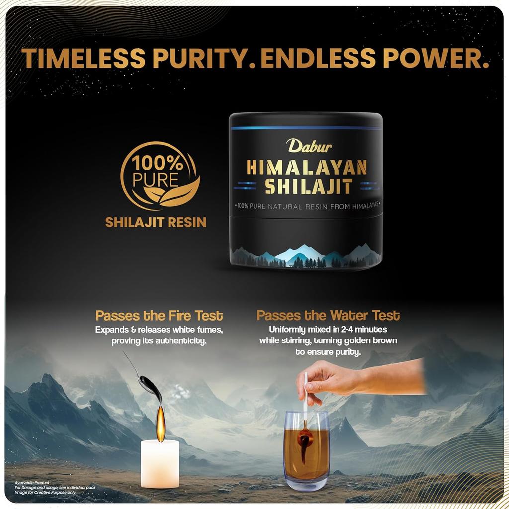 Dabur Himalájská pryskyřice Shilajit 10 g | Dávka 250 mg | Podpořte růst svalů, vytrvalost a energii přirozeně