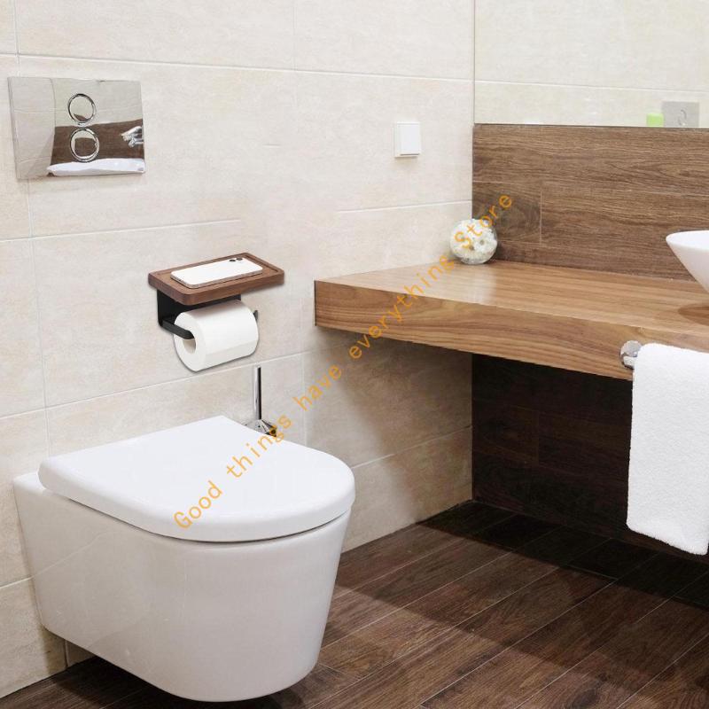 Space Saving Stainless Steel Bathroom Tissue Holder Walnut Shelf Wall Mount 55KF