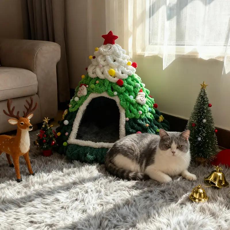 Handmade Christmas Tree House, Winter Warmth Indoor Bed with Random Decorations - No Included -Perfect Gift for S and Small Dogs