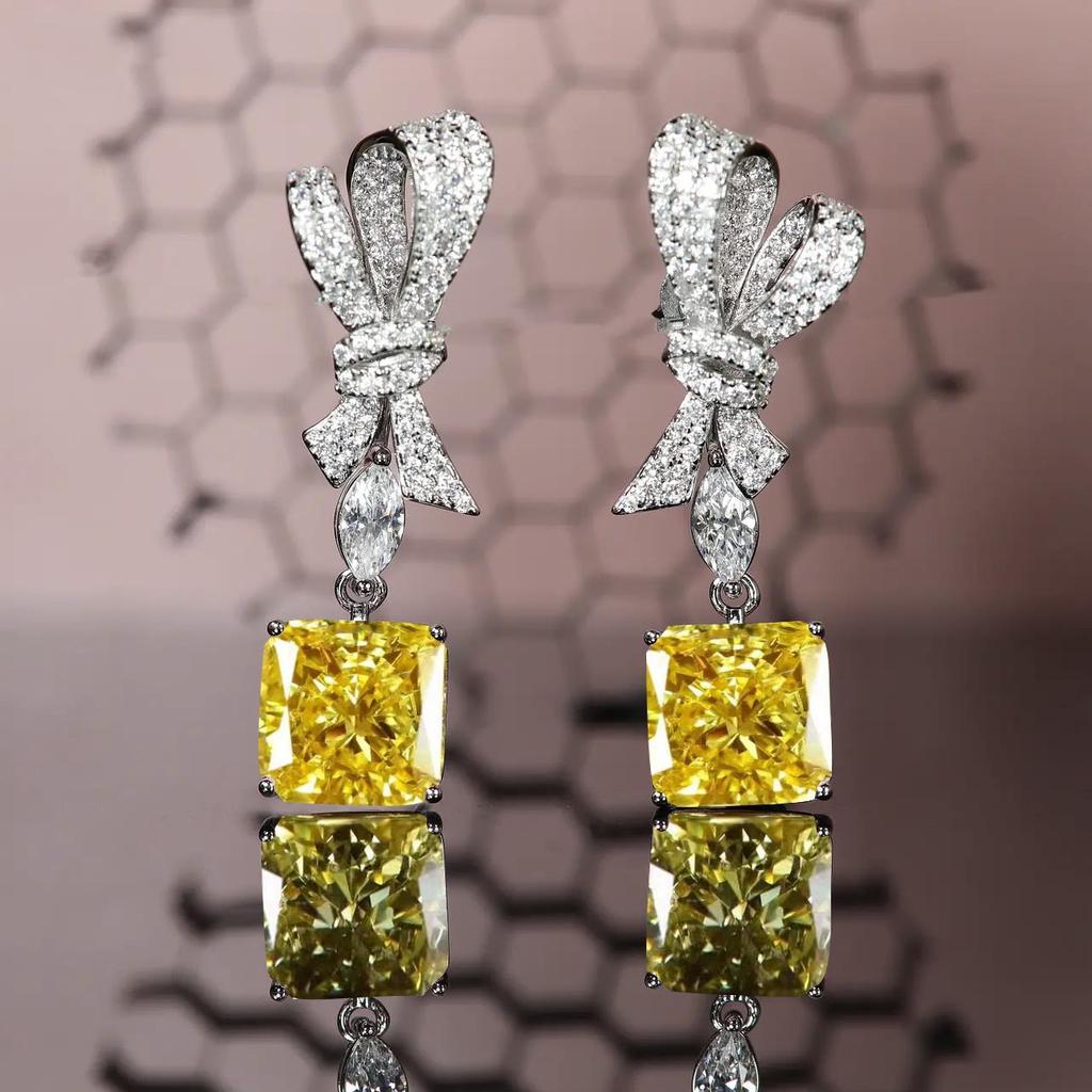 Light Luxury Jewelry Yellow Diamond Redeen Cut Stud Earrings, Super Flash Pink Diamond Ice Flower Cut Full Diamond Bow Earrings