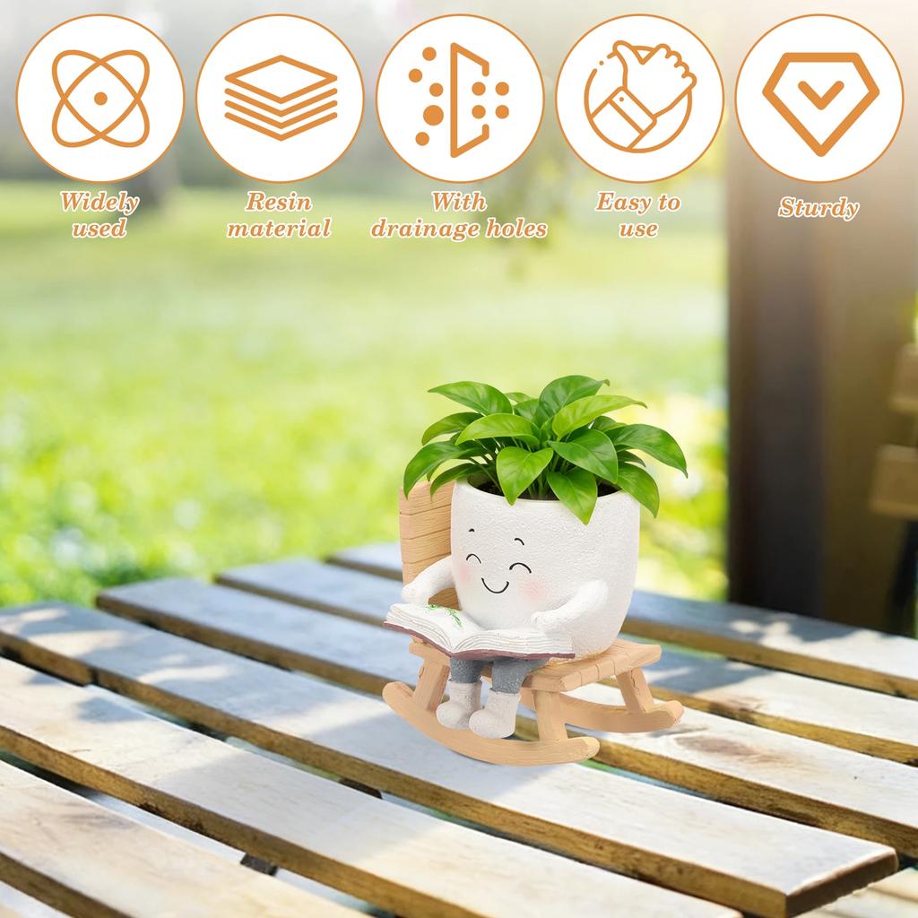 Rocking Chair Smile Face Planter Swing Resin Succulent Pots with Drainage Hole Cute Garden Balcony Desktop Ornament Decoration