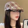 Hat Female retro hat Spring and Autumn versatile plaid shows the face Small painter hat Big head circumference Anti-wearing hat
