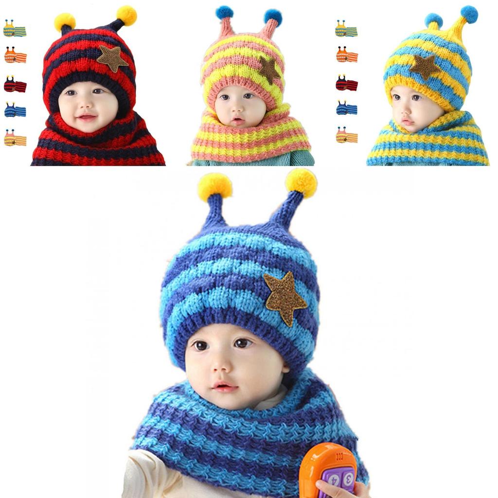Winter Kids Hat With Plush Ear Protection Big Five-pointed Star Hat Scarf Set Striped Woolen Material Blue Yellow Orange Red Pink