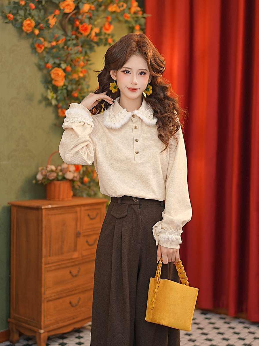 Women s Plush Lace Collar Knit Top - Winter Layering Thickened Style S14921 Medium оранжевый 3190₽