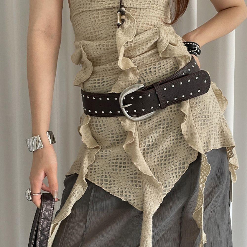 Vintage Women Rivet Belt Y2k Punk Style Belt Adjustable Wide Leather Waistband  Spicy Girls