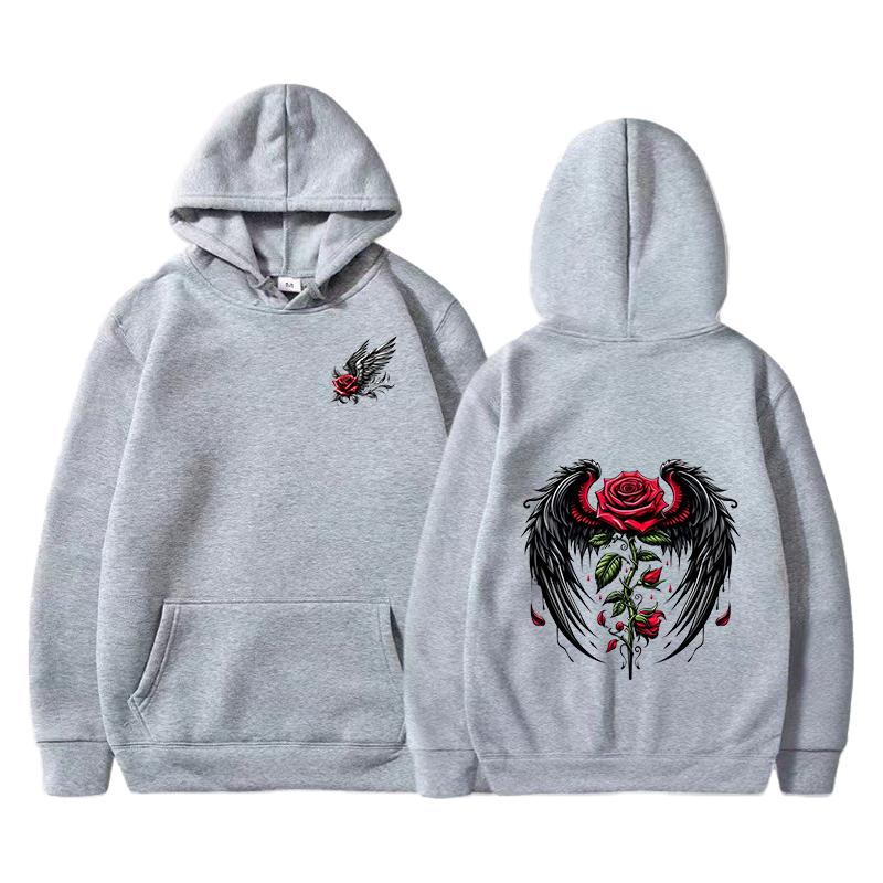 Rose wing pattern printed hoodie fashion trend brand autumn and winter loose hoodie Y2K hip-hop street wear men's and women's pu