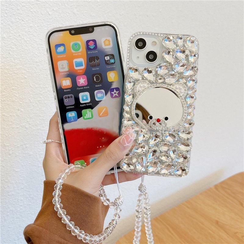 Apple 17 ProMax Phone Case for iPhone 15 with Heart, Small Bear, Rabbit Mirror, Hand Strap, Rhinestones 