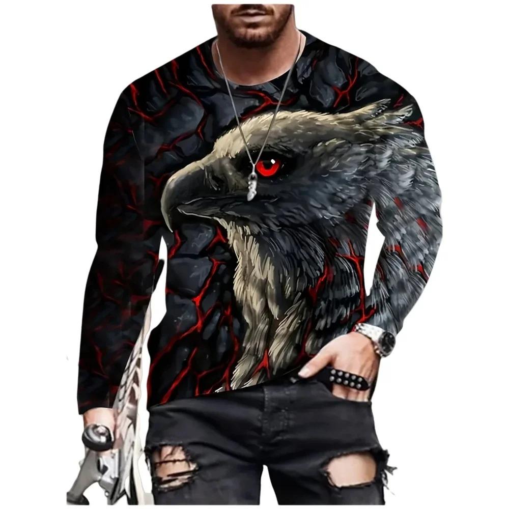 Street trend 3D eagle print men's casual round neck long sleeved T-shirt