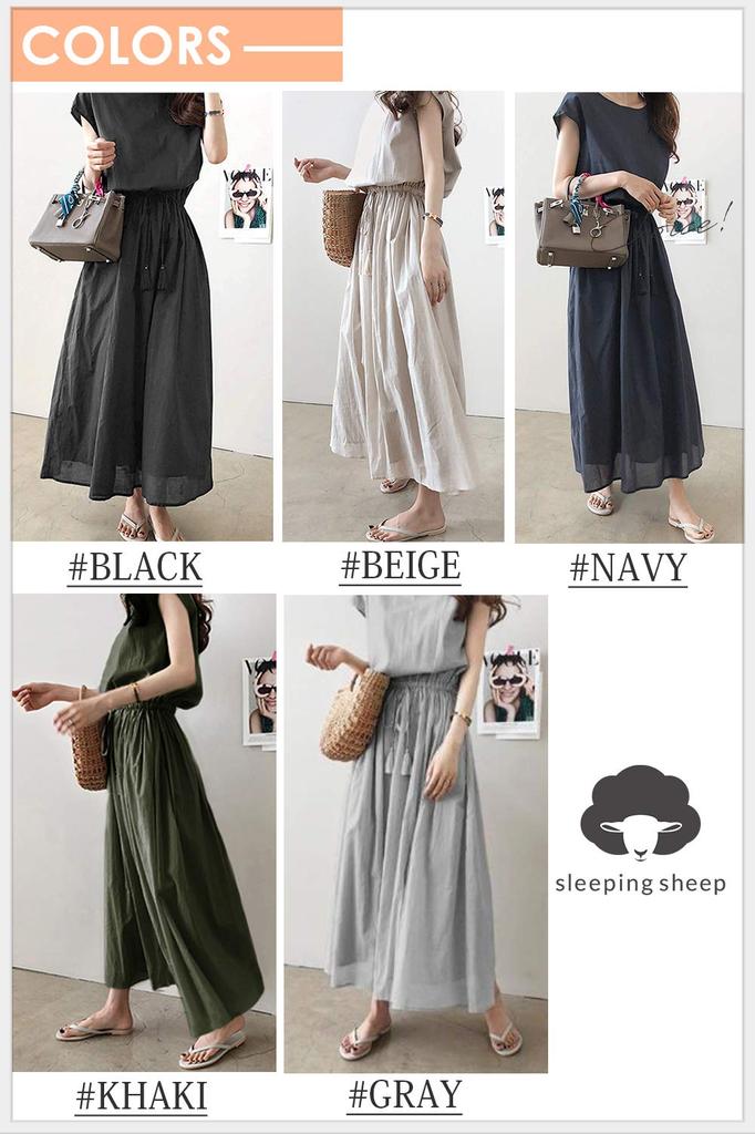 Sleeping Sheep Tassel Ribbon French Sleeve Loose Fit Long Dress Simple Natural Style Size 4.XXL 2.Navy