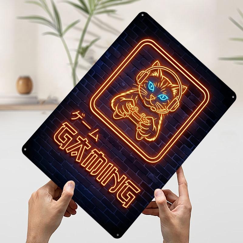 Neon Gaming Cat Printed Poster Customized Wall Art Retro Vintage Metal Tin Signs for Decoration At Home Decor Items Coffee Bar