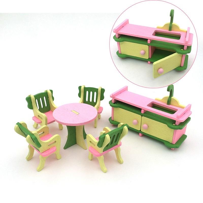 Wooden Pink Doll House Furniture Toys Set  for Girls Dollhouse Miniature Rooms Gifts