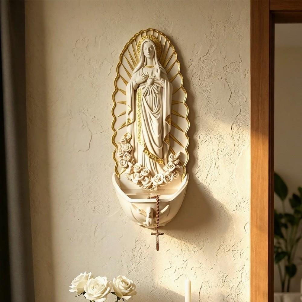 Religious Virgin Mary Holy Water Font Catholic Wall Mounted Holy Water Dispenser Resin Figurine Rose Carvings