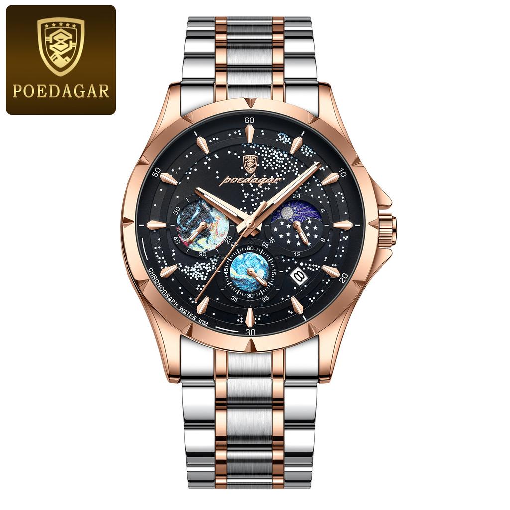 POEDAGAR Luxusní pánské náramkové hodinky Luminiscenční Vodotěsné Chronograf Datum Pánské hodinky Nerezová ocel/Kožený řemínek Pánské křemenné hodinky