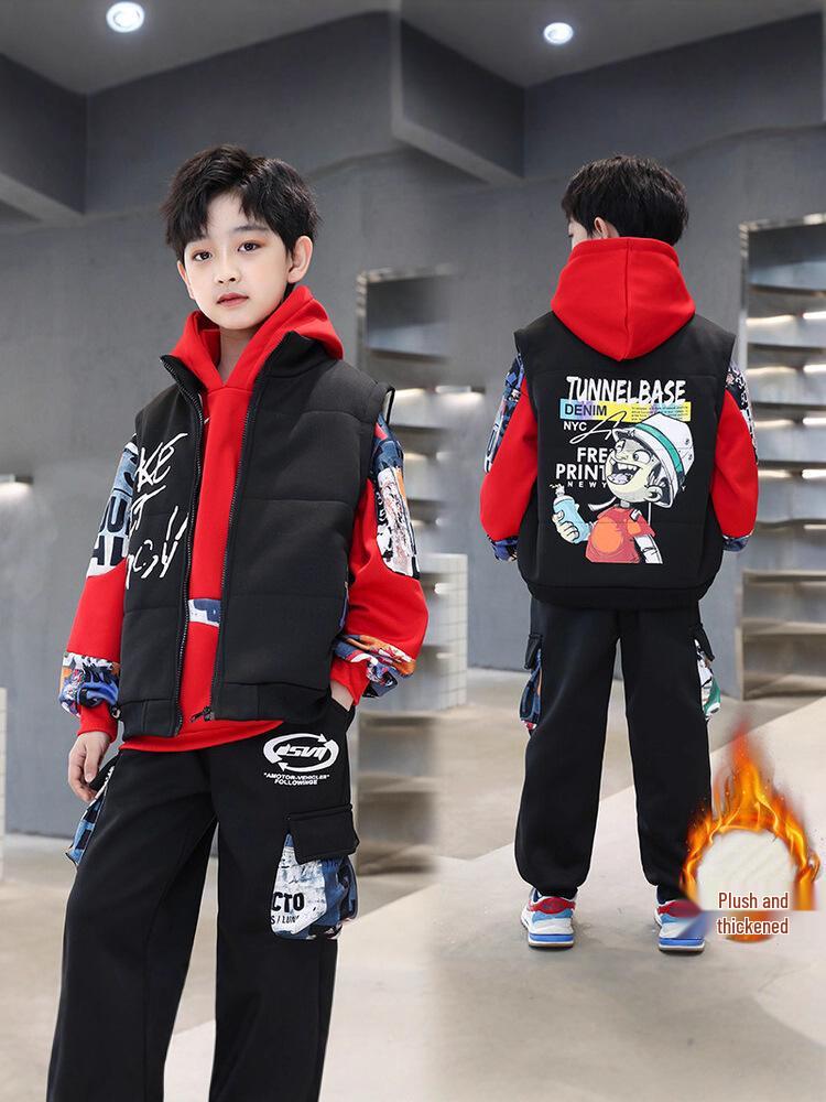 2025 Modny chłopięcy zimowy zestaw bluz dresowych z podszewką z polaru - Ciepły, gruby, stylowy trzyczęściowy zestaw dla chłopców