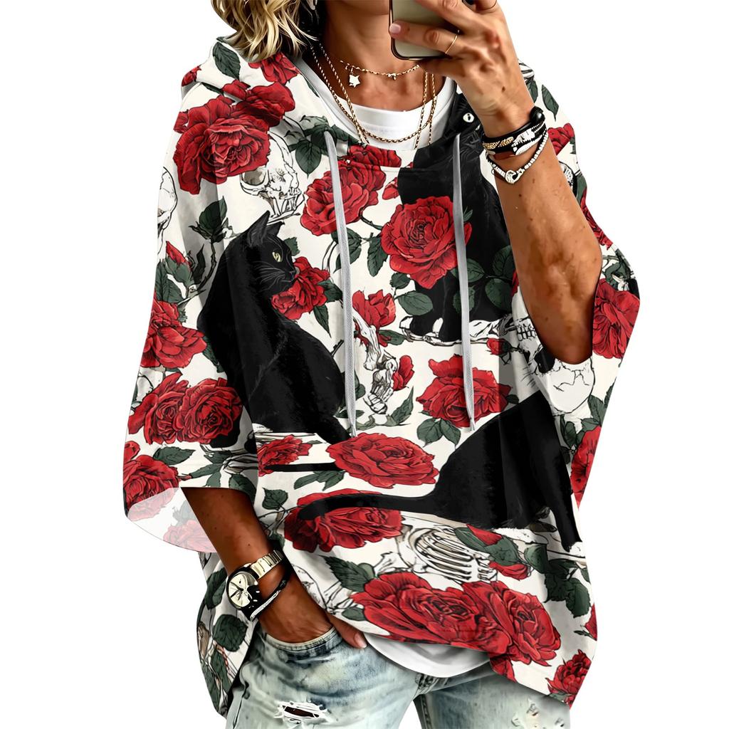Women's Halloween Printed Hoodie 3/4 Sleeve Pullover Casual Tunic for Party