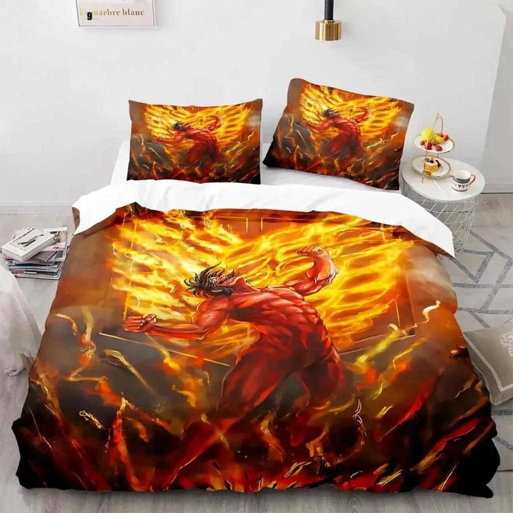 Set de lenjerie de pat cu logo-ul anime Attack On Titan pentru băieți și fete, dimensiune twin, queen, king, husă de plapumă, față de pernă, pat pentru băieți, adult, textile de casă
