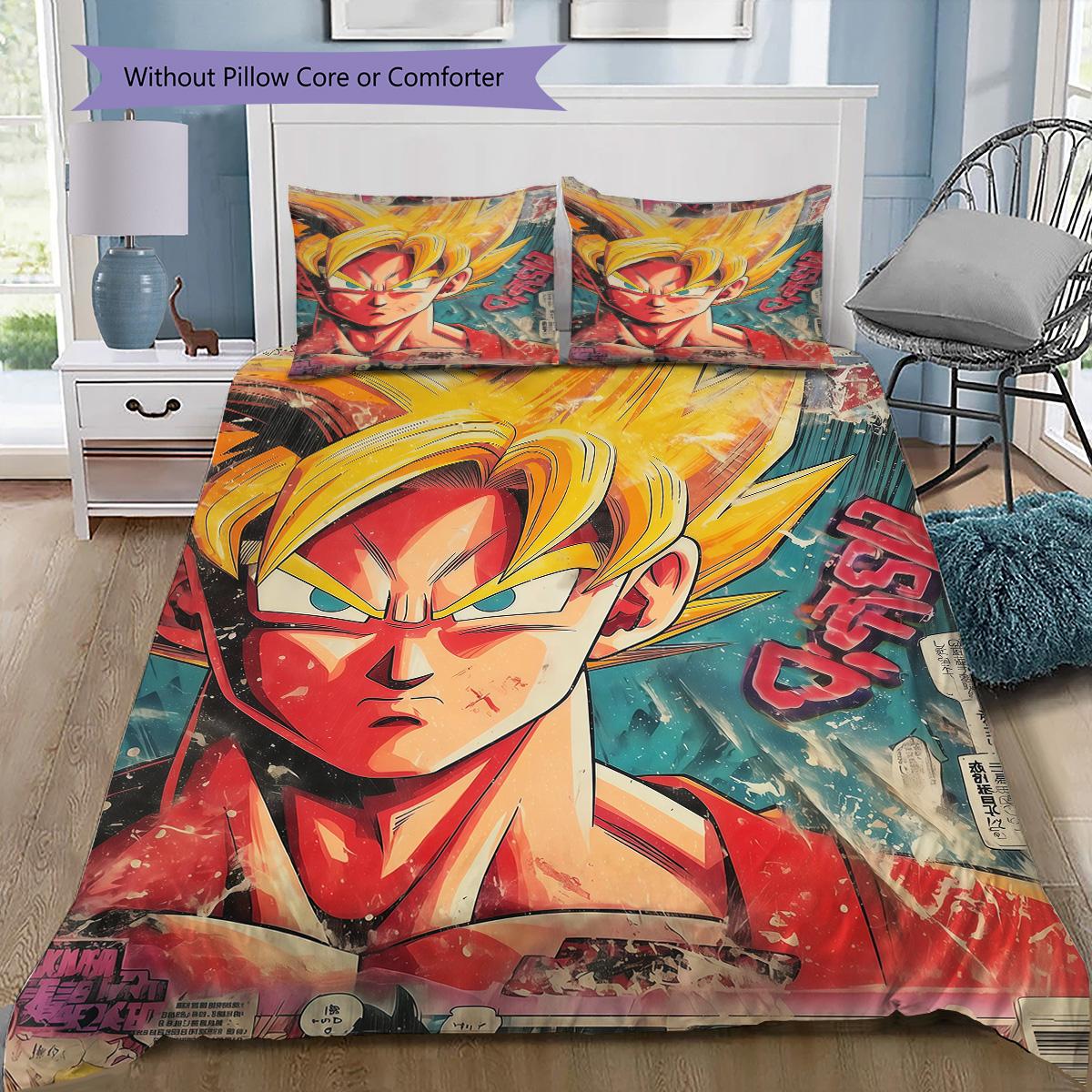 

Dragon Ball Super Saiyan Goku Bedding Set, 1 Duvet Cover & 2 Pillowcases, Cozy Bedroom, Great Gift for Anime Fans 135x200cm