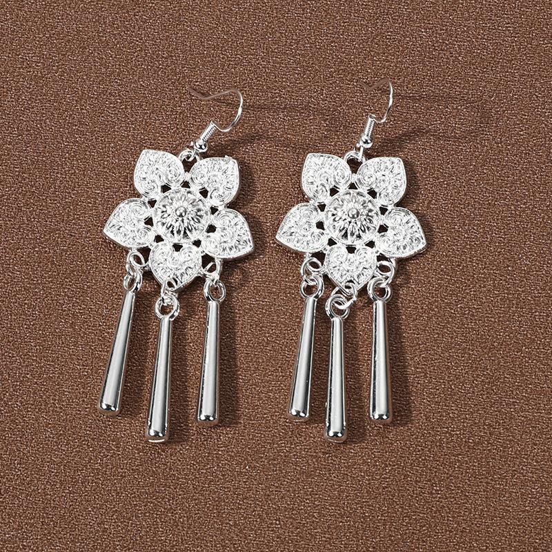 Minority style Miao silver fringed earrings retro personality Yunnan Miao exaggerated long double-layer earrings women s earrings