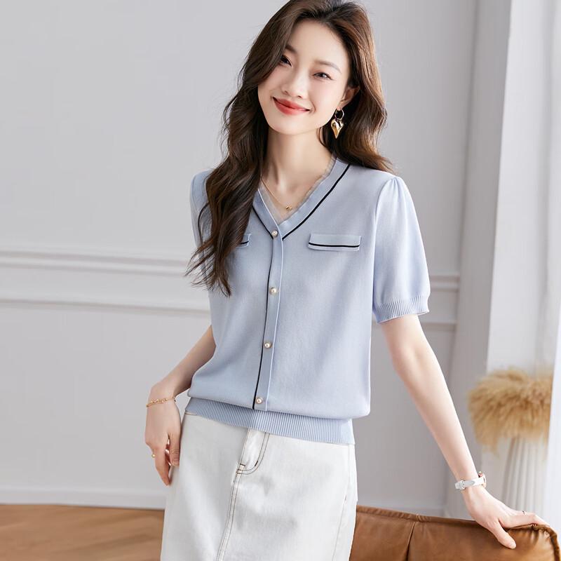 Chic Silk Blend V-Neck Knit Short Sleeve Top