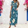 Women Plus Size V Neck Short Sleeve Floral Printed Navy Blue Straight Maxi Dress