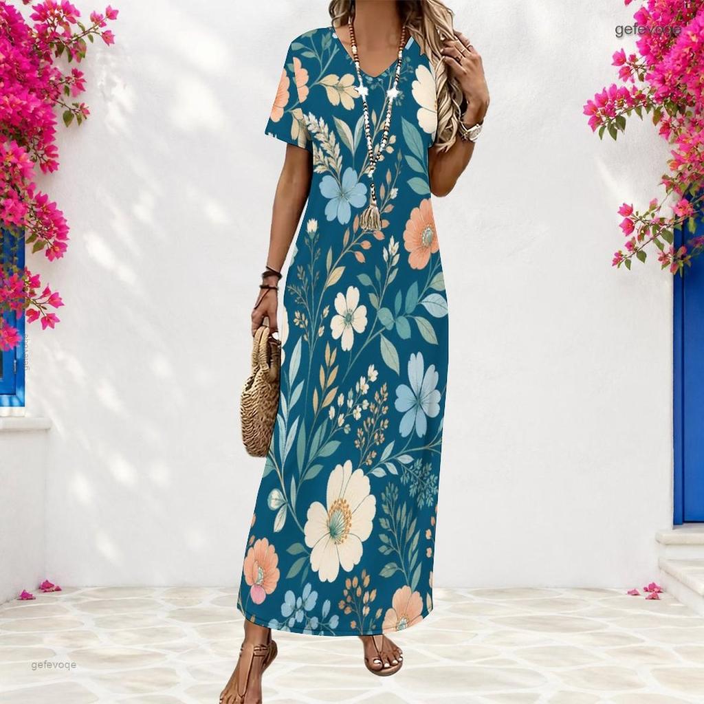 Women Plus Size V Neck Short Sleeve Floral Printed Navy Blue Straight Maxi Dress