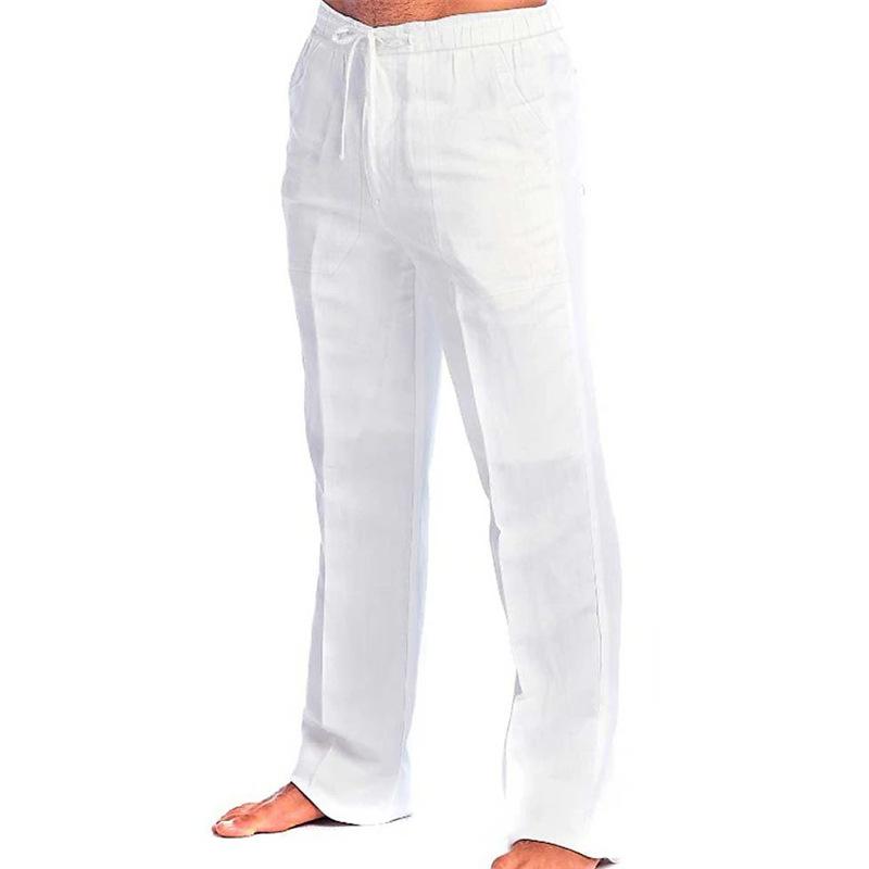 

Men s Summer Cotton-Linen Beach Trousers with Drawstring Elastic Waistband Solid Colour Comfortable Breathable Outdoor Casual Trousers for Daily Wear S белый
