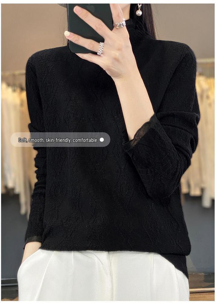 Women's Chiffon Knit Lace Long Sleeve Top with Half High Collar
