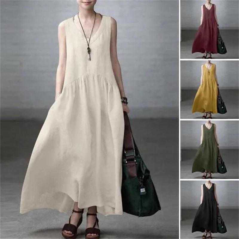 Women's Sleeveless Cotton Linen Pleated Maxi Dress