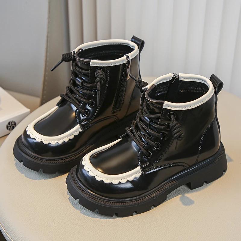 Girls' Britain Style Leather Boots Kids Black Round-toe Thick Sole Retro 2024 Spring and Autumn New Children's Short Boots Chic