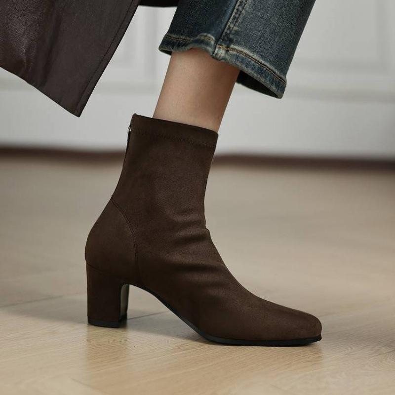New elastic suede large size women's boots solid color high heel medium boots women's rear zipper beef tendon soft bottom Korean version fashion boots