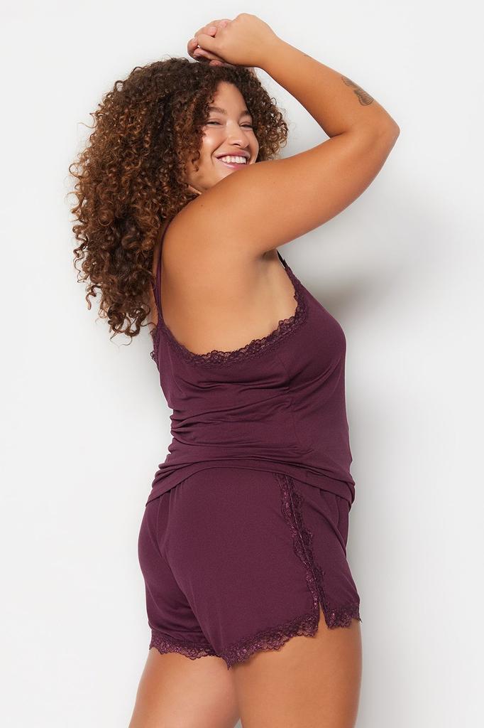 Damenstil Übergröße Pflaume Träger Gestrickt Spitze Detailliert Pyjama Set