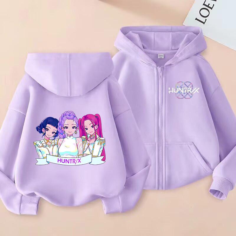 K-Pop Demon Hunters Zip Jacket Rumi Mira Zoey Cartoon Printed Children Clothing Casual Outerwear Hooded Coat Girls Clothes Gift
